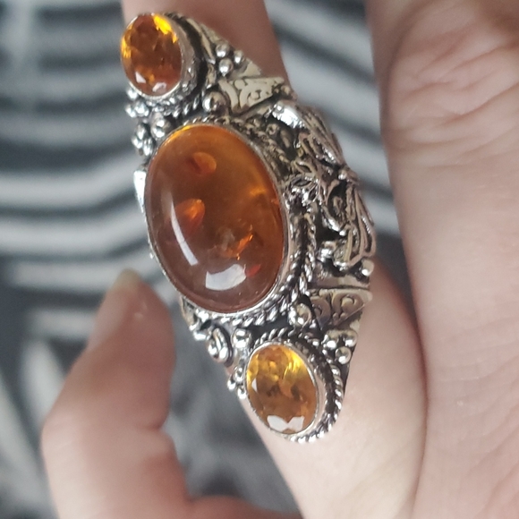 New Baltic Amber & Citrine 925 Silver Butterfly Statement Ring. - Picture 10 of 13